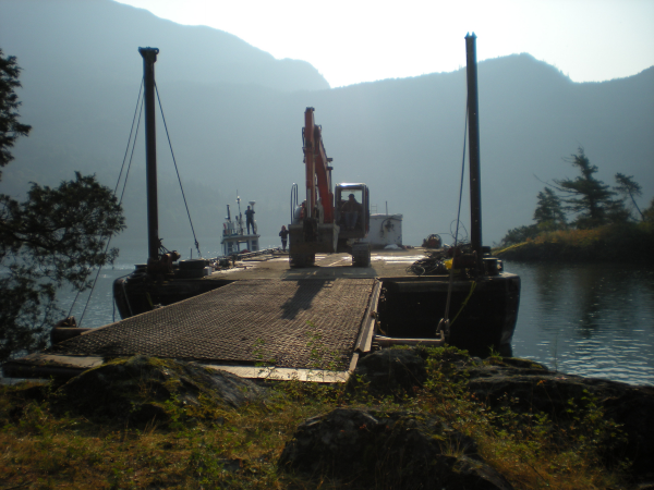 Tamlin Log Cabin Packages-Harrison Lake BC Project-Barge_Excavator_Unloading